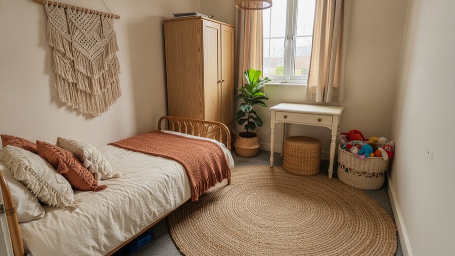 The same kids room redesigned into a warm boho room with a rattan bed, jute rug and layered terracotta textiles