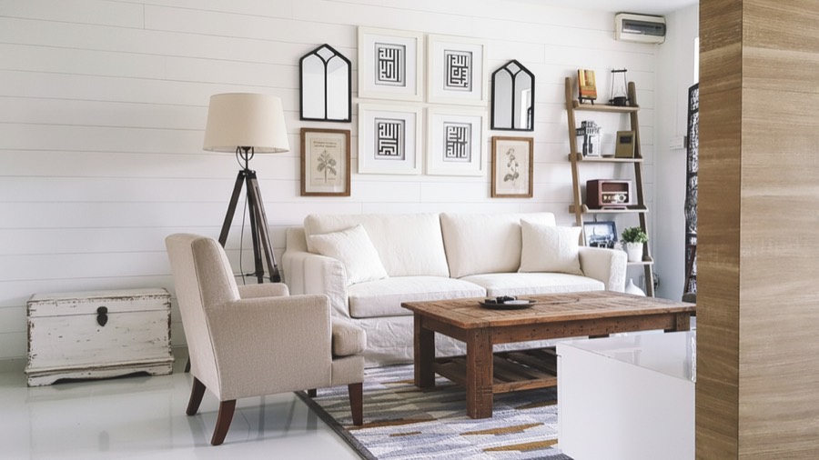 The same living room redesigned in farmhouse style