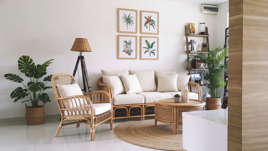 The same living room redesigned in tropical style